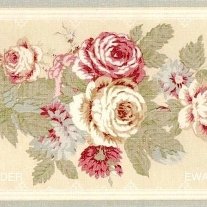 Rose Sonata Wallpaper Border, Cottage Rose Wallpaper Border, Roses Bouquet Wallpaper Border, Cabbage Red Roses Wallpaper Border