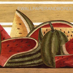 Bordo per carta da parati con frutta della cucina toscana toscana - Progettato da Albert Van Luit - Bordo per carta da parati con anguria, rosso, verde e giallo
