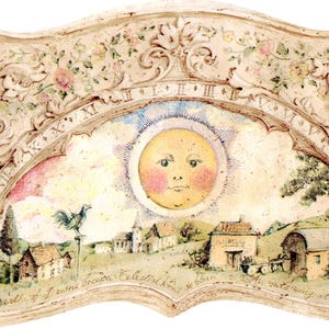 May include: A decorative, arched panel with a painted pastoral scene. The panel features a smiling sun, a rooster weathervane, and a village. The frame is cream-colored with floral and scrollwork details, and Roman numerals.