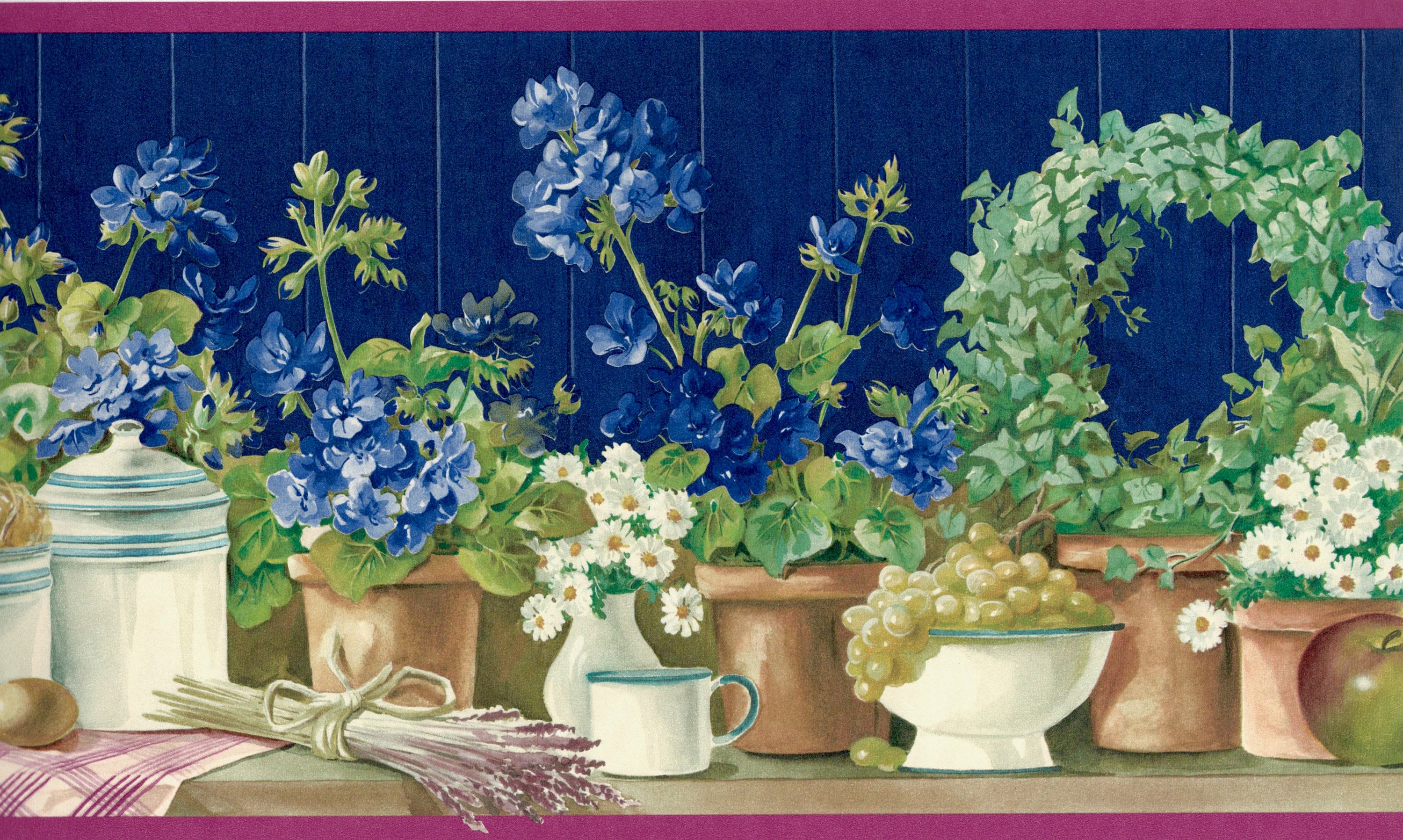 Country Kitchen Wallpaper Border Blue Flowers Green Leaf Etsy Australia