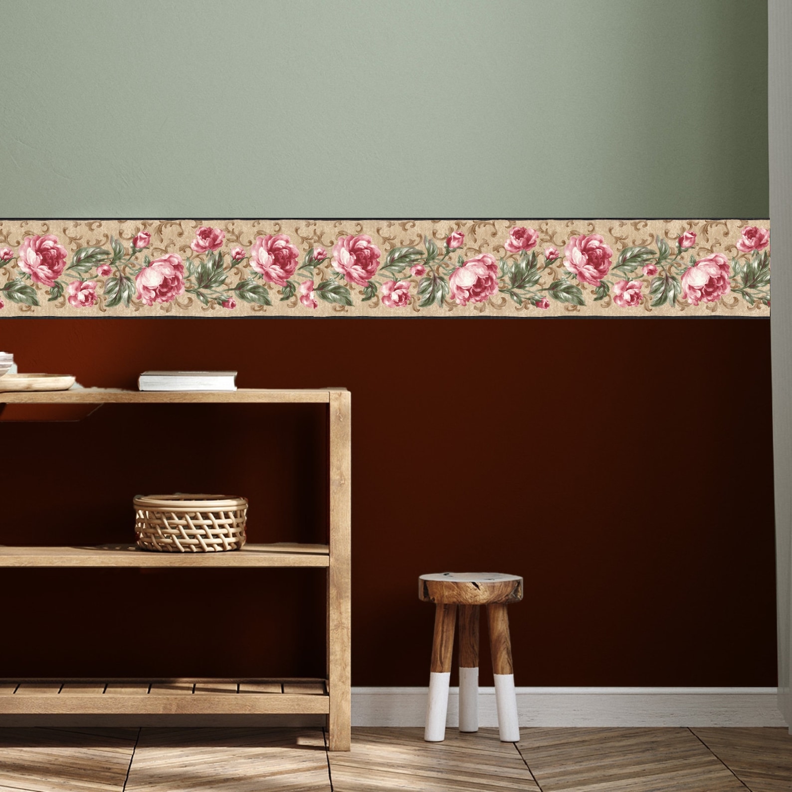 Cabbage Roses With Scroll Wallpaper Border - Cottage Floral, Black ...