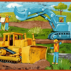 Construction Vehicles Wallpaper Border, Car Truck Tractor Wallpaper Borders, Construction Site Wallpaper Border, Blue Kids Room Wall Border