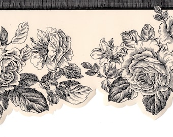 Cottage Rose Wallpaper Border, Vintage Black Line Rose Wallpaper, Vintage Floral Wallpaper Border, Scalloped Vintage Roses Wallpaper Border