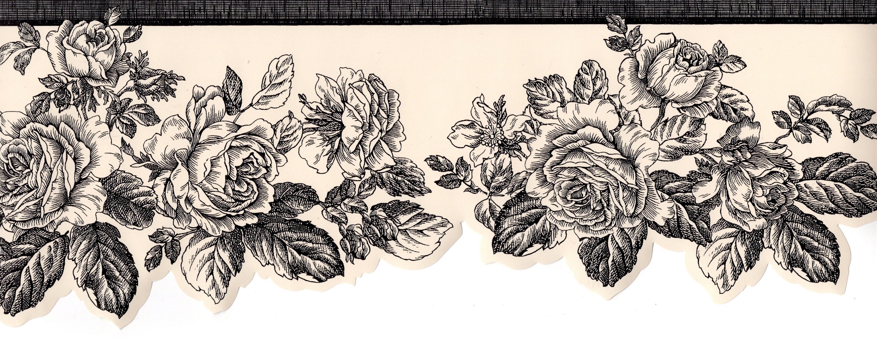 Rustic Roses Border Cottage Rose Wallpaper Border, Vintage Black Line Rose Wallpaper ...