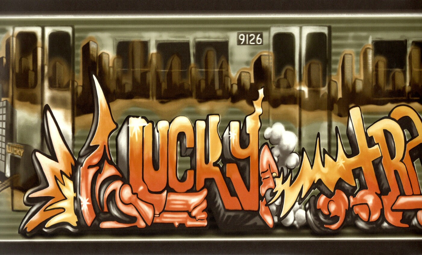 Modern Graffiti Wallpaper Border, Modern Lucky Train Graffiti Art City Skyline Orange Gray Black WallpaperBorder, boys room wallpaper border