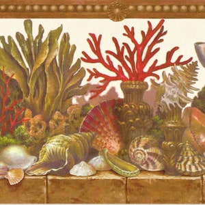 May include: A decorative border featuring a marine theme. The design includes red coral, various seashells, and green seaweed. The seashells are in different shapes and sizes, with a nautilus shell prominently displayed. The border has a warm color palette.