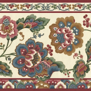 Jacobinischer Blumenweg mit goldener Linie um Blumen und architektonischer Motiv-Tapetenbordüre - Blaugrüne Tapete - 9 "breite Wandbordüre