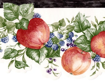 Scalloped Red Apples Wallpaper Border, Green Leaf with Berry, Country Kitchen Farmhouse Wallpaper Borders