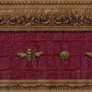Raymond Waites Napoleonic Bee wallpaper border in maroon and burnished gold, featuring gold bees and medallions on a textured faux leather background.