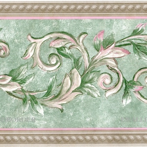 Akanthus-Tapetenbordüre - Grünes Reben-Wirbelblatt mit rosafarbener Streifen-Tapetenbordüre - Elegantes französisches Dekor