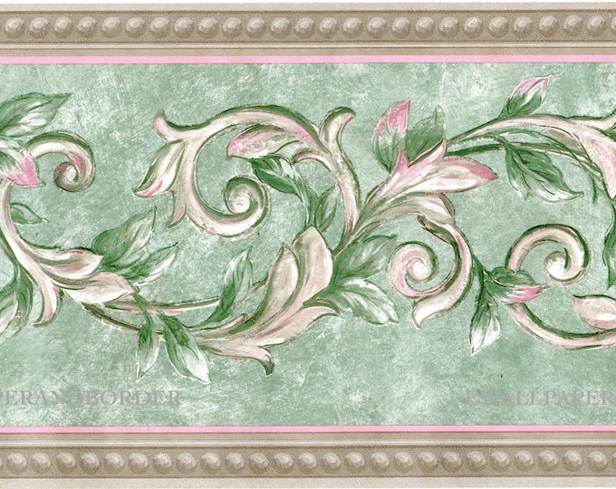 Acanthus Leaf Scroll Wallpaper Border Green Vines Swirl Leaf With Pink