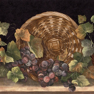 Rustic Farmhouse Kitchen Wall Border , Rustic Grape Vines in Basket on Shelf Wallpaper Border, Pre-pasted, 15&#39; L x 6 7/8&quot; W