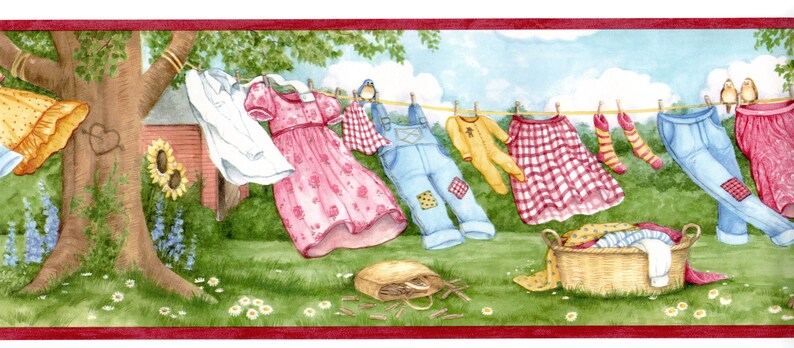 Laundry Wallpaper Border Windy Clothesline Puppy Labrador Country Laundry Wallpaper Border Sunflower Garden Laundry Puppy Wallpaper Border