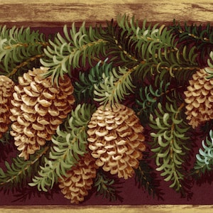 Rustikale Pinecone-Tapetenbordüre, Pinecone-Lodge im Außentapetenrand, Pinecone-Zweigzweig-Tapetenbordüre mit grünem Blattland