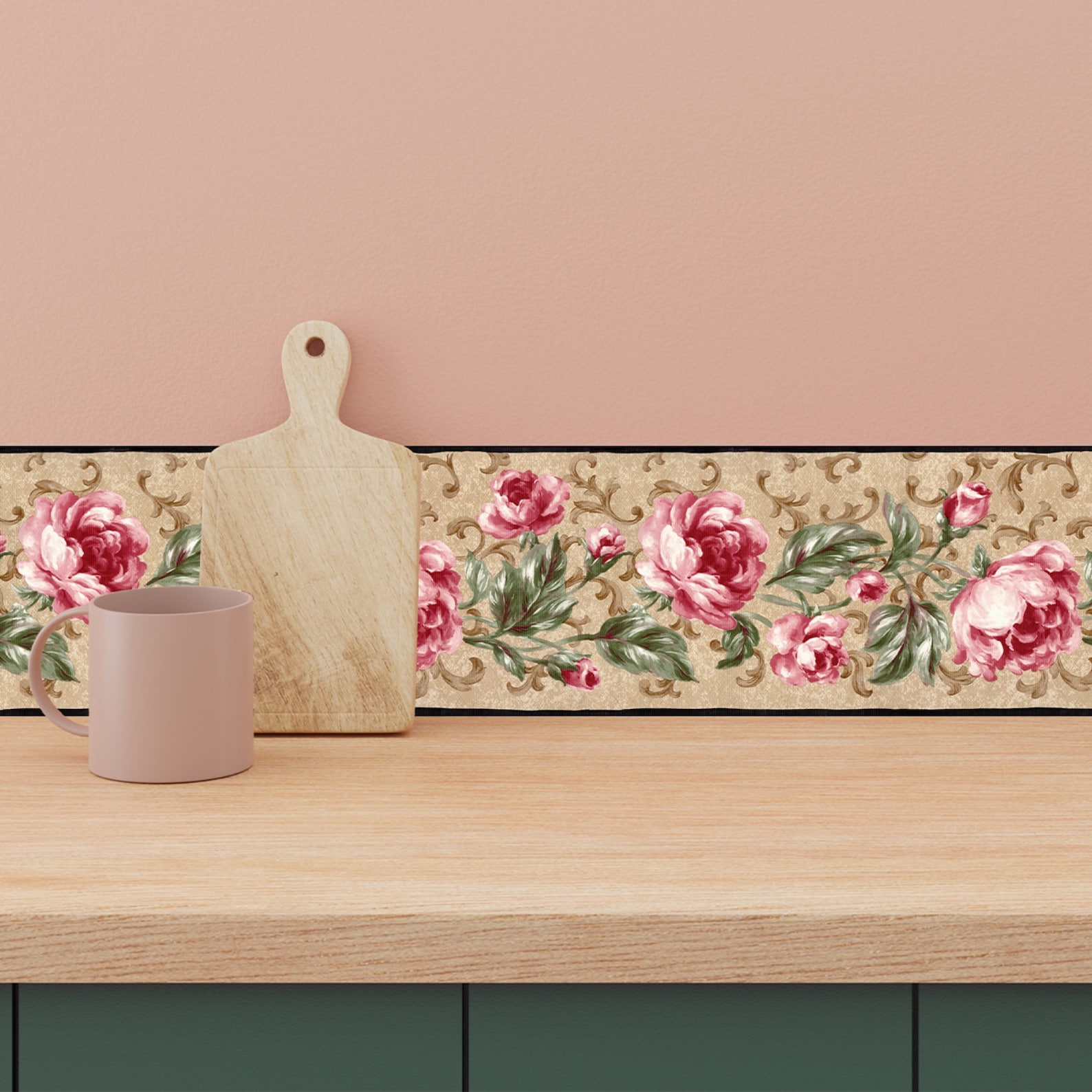 Cabbage Roses With Scroll Wallpaper Border - Cottage Floral, Black ...