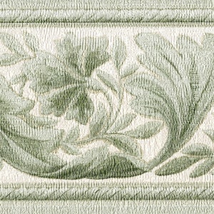 Puede incluir: Un borde de papel tapiz verde y blanco con un patrón repetitivo de hojas y flores estilizadas.
