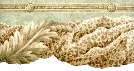 Victorian Leopard Gold Medallion Swag Drapery Valance Drape Wallpaper Border 