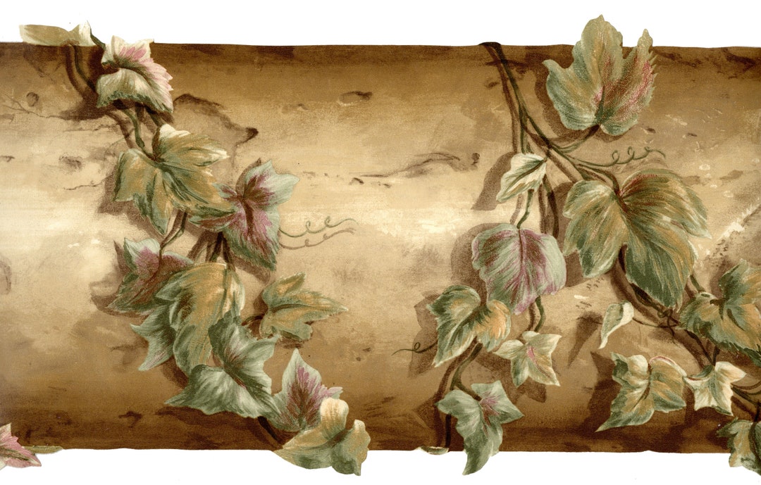 Botanical Wallpaper Border - Rustic Ivy Leaves Vine Leaf on Brown Wood ...