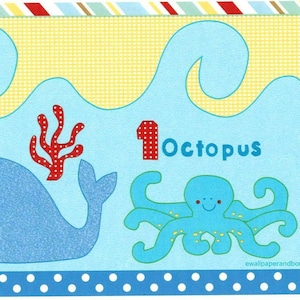 Tapetenbordüre mit tropischen Fischen, unter dem Meer, Oktopus, Wal, Seestern, blaue Küstentapetenbordüre, Tapetenbordüre mit Buchstaben und Zahlen für das Kinderzimmer