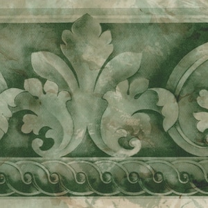 Vintage Jade Green Damask Wallpaper Border, Fleur de Lis Scroll Leaf Architectural Wall Decor, Pre-Pasted, 15 ft x 6.8 in