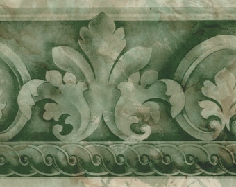Acanthus Scroll Leaf Wallpaper Border, Jade Green, Architectural Dining Room, Pre-pasted 7 inch Wide
