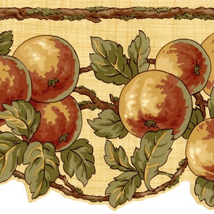 Apfel-Tapetenbordüre, ausgebogter Blütenobst-Tapetenbordüre, primitiver Obstbaumzweig-grünes Blatt-Landesküchen-Tapetenbordüre