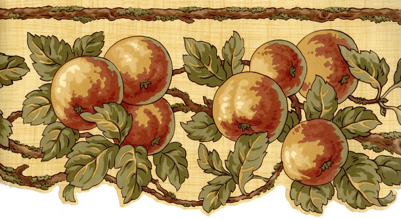 May include: A vintage style border design featuring a repeating pattern of red and yellow apples with green leaves on a beige background.