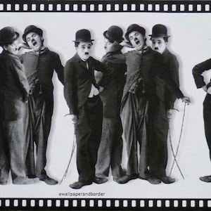 May include: Black and white photo of a repeating pattern of Charlie Chaplin in a suit and bowler hat. The image is a wallpaper border with the text "wallpaperandborder" at the bottom.