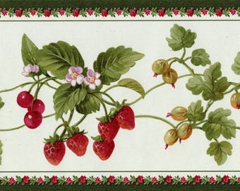 Tapetenbordüre mit Obst- und Blumenmotiven - Beeren, grünes Laub mit roter Rose und grünem Rand - 4 m x 6 Zoll - Tapetenbordüren für die Küche