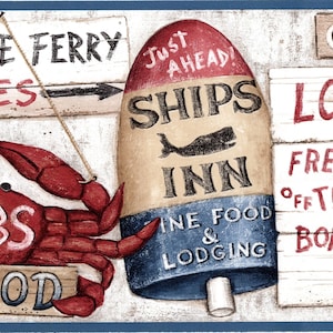Op de afbeelding: Een decoratieve rand met nautische thema's. Borden tonen "Lighthouse Ferry", "Crabs Seafood", "Ships Inn" en "Lobsters". Een rode krab en kreeft zijn afgebeeld, samen met een vis. De rand heeft een verweerd houten effect.