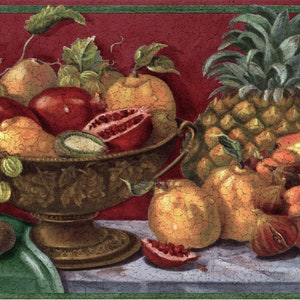 Ciotola di frutta vintage su mensola con bordo per carta da parati con sfondo bordeaux, bordi per carta da parati preincollati, 15'x10.25"