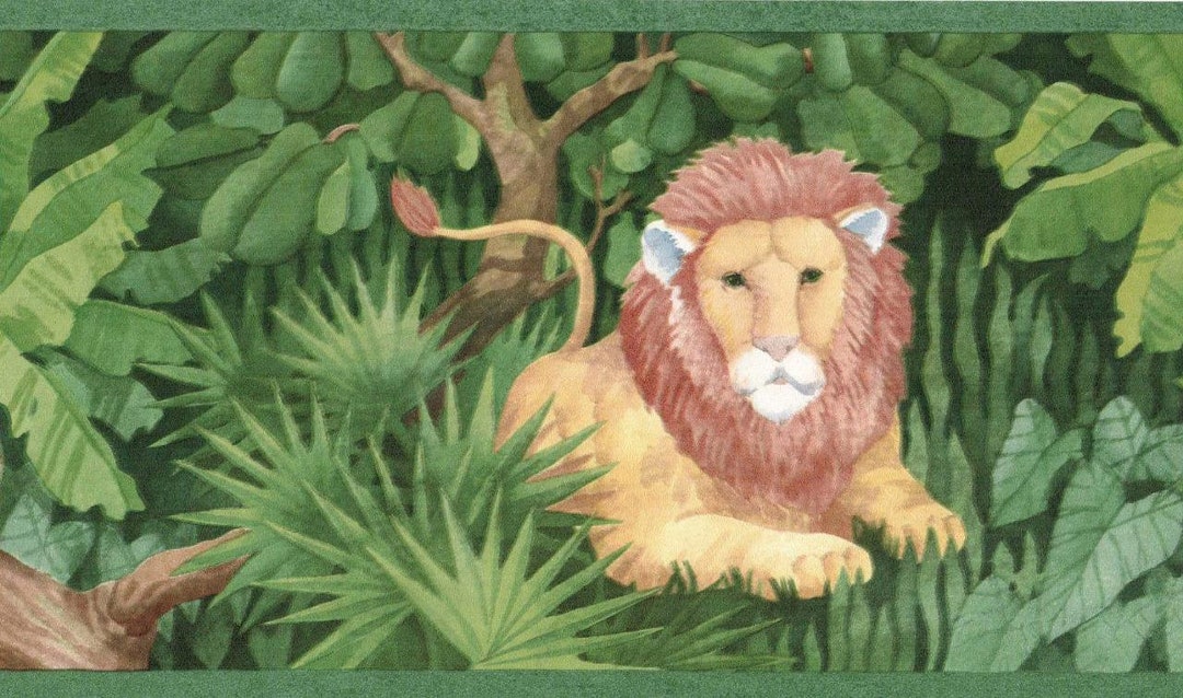 Safari Wallpaper Border, Lion Tiger Leopard Animals Green Tropical