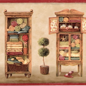 May include: A vintage-style wallpaper border featuring four wooden cabinets filled with rolled towels and other linens. The cabinets are decorated with floral and geometric patterns. The border also includes small potted trees and a red and white striped rug.