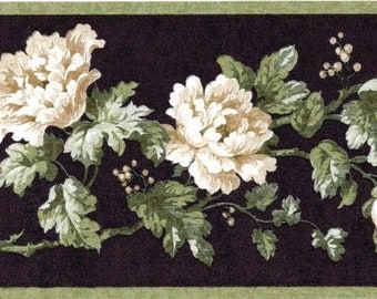 White Cabbage Floral Trial with Green Leaf on Black Wallpaper Border, Pre-pasted, 15&#39;x4.2&quot;
