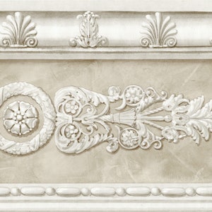 RaymondWaites Viktorianische filigrane Tapetenbordüre - Beige Silber Perlblatt Barock Muschel architektonische Bordüre - französisches elegantes Dekor