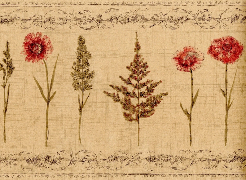 Botanical Wildflower Wallpaper Border 10.25 Inch – Vintage Floral - Red Daisy Wheat Herb & Scroll Design for Wall Decor, Pre-pasted image 1