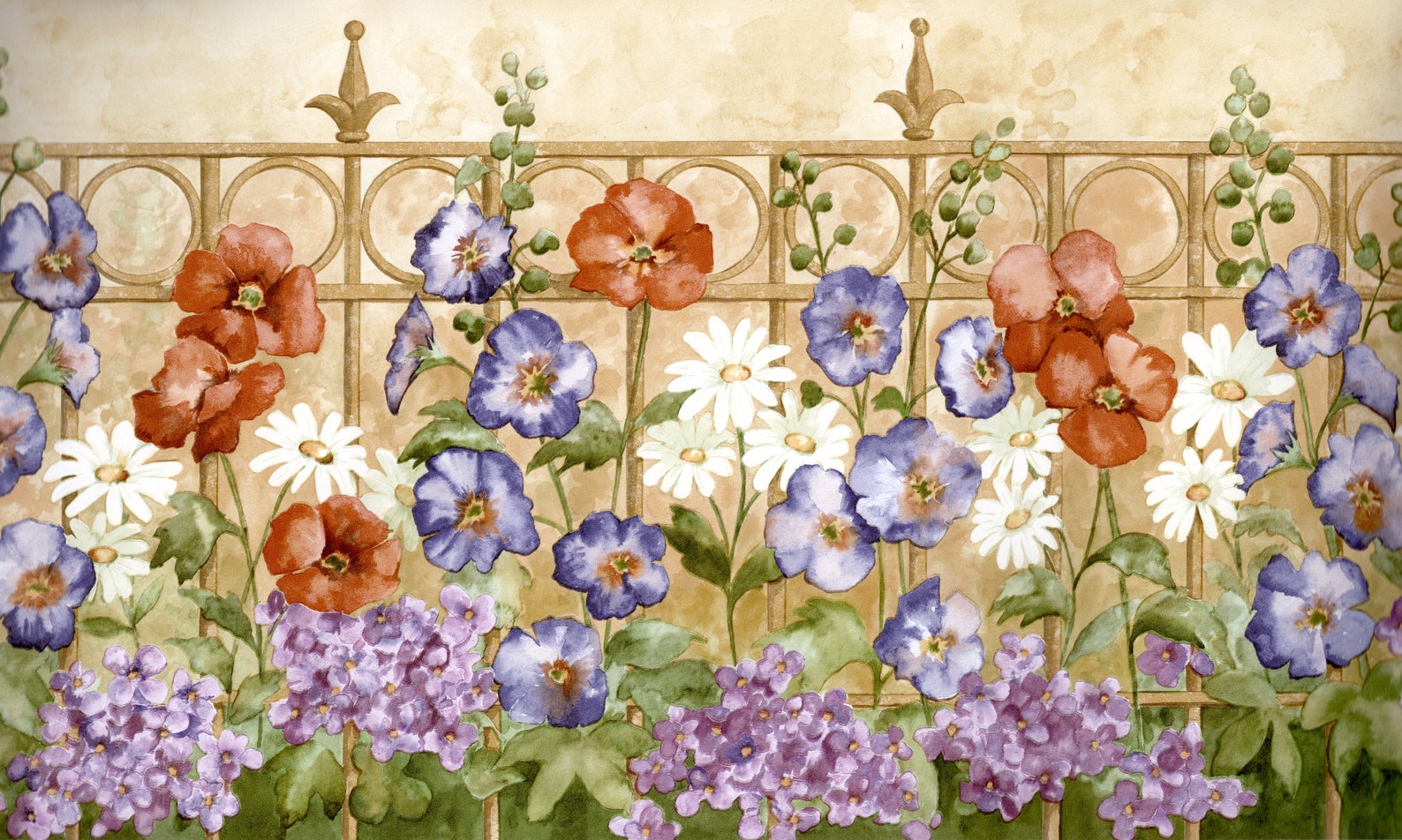 Flower Garden Botanical Wallpaper Border Garden Gate Wall Etsy
