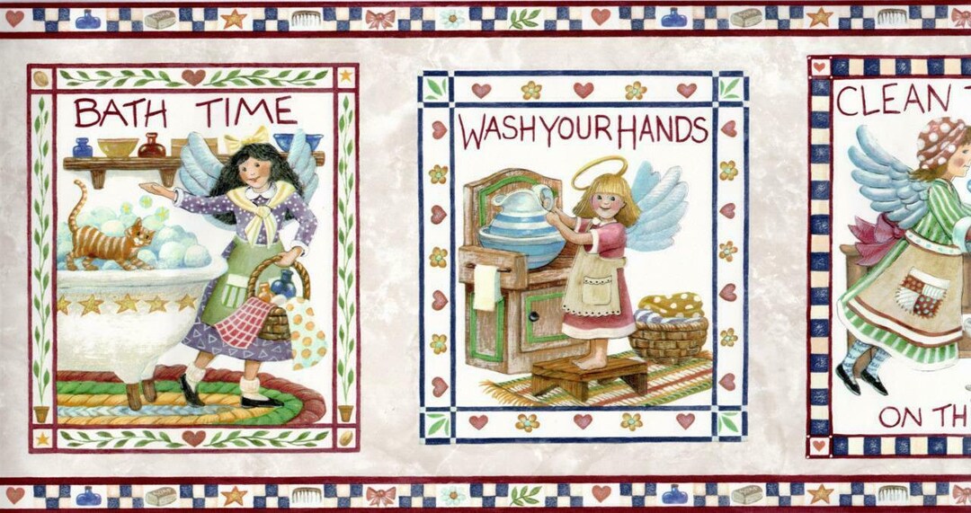 Primitive Country Fairy Angel Laundry and Bath Wallpaper Border, Laundry Room Wallpaper Borders