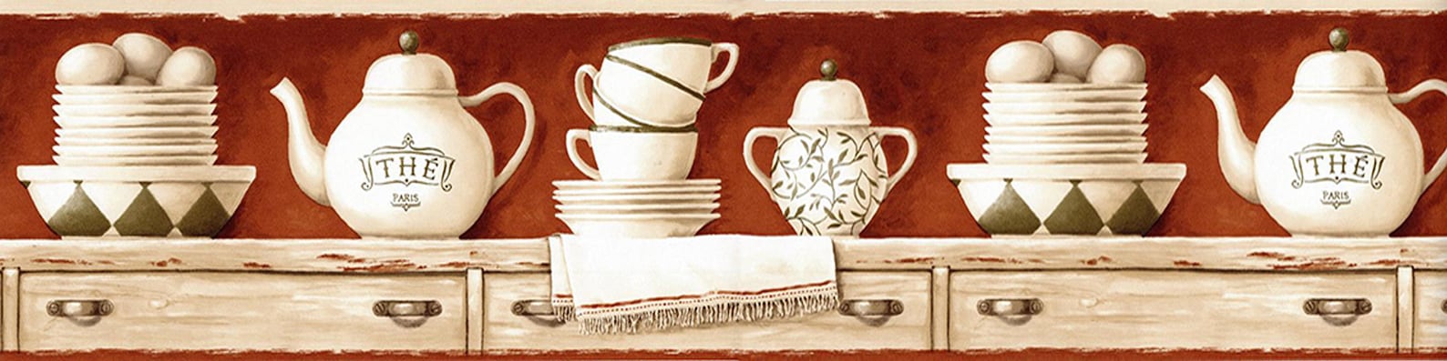 Country Kitchen Wallpaper Border, Cups Saucer Teapot Eggs Bowl on Brown ...