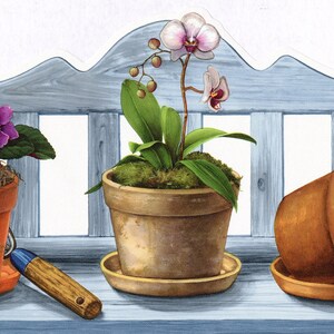 May include: Three potted plants on a blue wooden bench. The plants are a pink and green African violet, a white orchid, and a pink hyacinth. A small gardening trowel is on the bench.