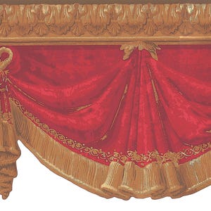 May include: A decorative wallpaper border featuring a red curtain design with gold tassels and trim. The curtain is draped and tied with a bow on the left. The top of the border has a gold ornate design.
