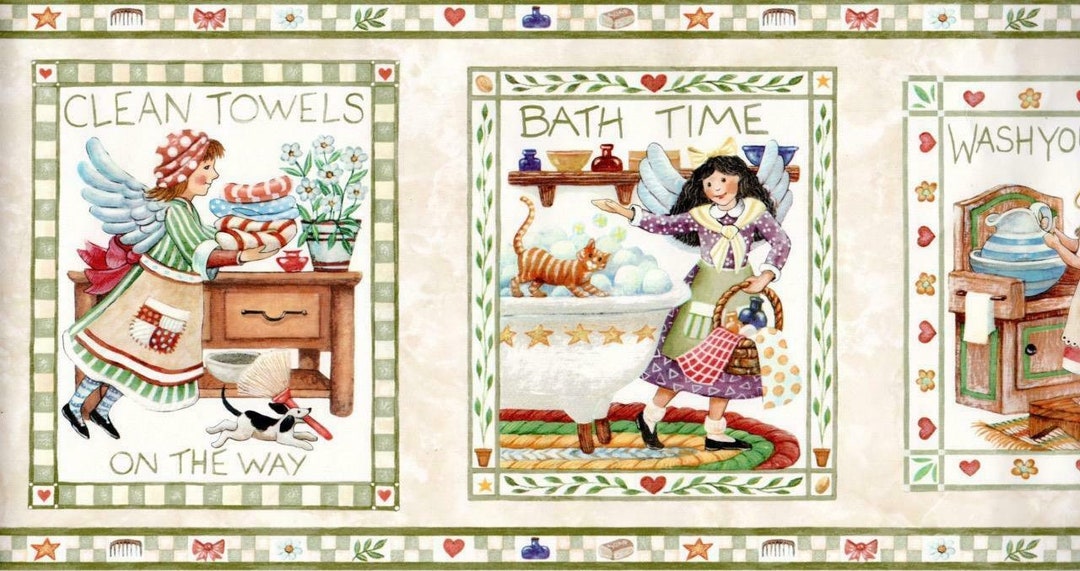 Country Angel Laundry and Bath Wallpaper Border, Primitive Country Fairy Angel & Bath Time