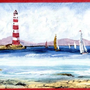 May include: A watercolor painting of a seascape with a red and white striped lighthouse in the distance. There are several sailboats in the water, and the sky is a light blue with white clouds.