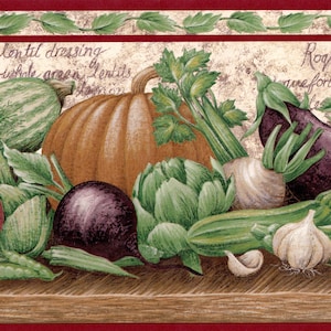 Kitchen Wallpaper Border, Farm Fresh Cooking Recipes & Vegetables on Brown Country Kitchen Shelf Wallpaper Border, 15&#39; L x 9.2&quot; W