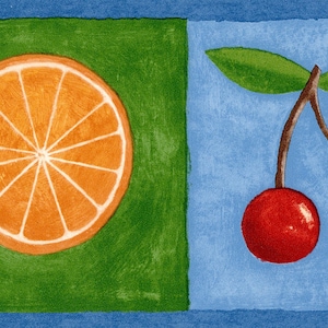 Carta da parati con bordi di frutta colorata, carta da parati con avocado, ciliegie e uva arancione, carta da parati con bordi per cucina, carta da parati con abbondanza di frutta
