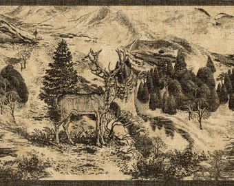 Vintage Toile Wallpaper Border, Rustic Fishing & Deer Scene in Black and Tan Tone , Pre-Pasted, 15 ft × 10.25 in, Cabin Lodge Wall Decor