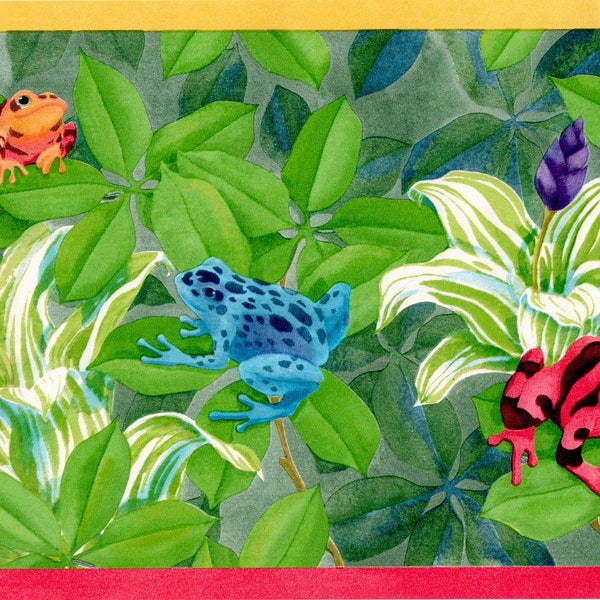 Colorful Froggy Friends in the Tropical Rainforest Frog Wallpaper Border | Green, Blue, Yellow, Pink, Purple | 15 ft x 6 7/8 in.