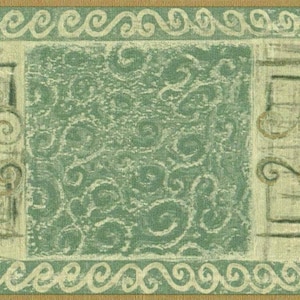 Op de afbeelding: Decoratieve behangrand met een herhalend patroon. Het ontwerp omvat een centraal turquoise vierkant met wervelende patronen, geflankeerd door rechthoekige panelen met bloemmotieven. De rand is omlijst door een bruin en turquoise golvende rand.