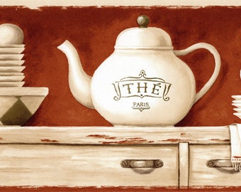 Country Kitchen Wallpaper Border, Cups Saucer Teapot Eggs Bowl on Brown Shelf Country Kitchen Wallpaper Border, Tea Set Paris Wall Border