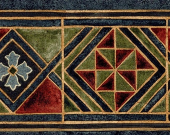 Authentische marokkanische Fliesen-Tapetenbordüre – Ornament-Blumen-Arabesken-Motiv-Wandbordüre, 6,875 Zoll breite Bordüre – grün-blaue Tapete